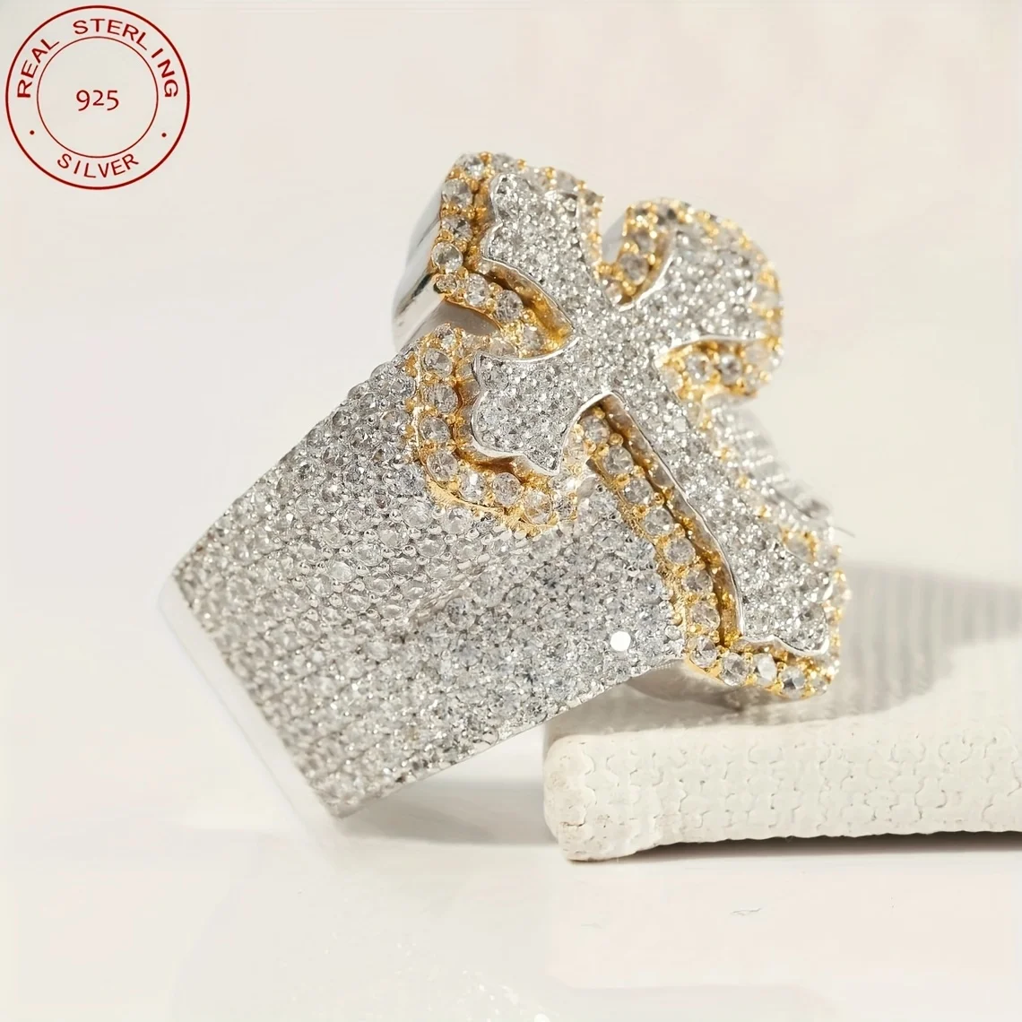 แหวนเงินแท้ 925 ลายกากบาทแบบ Iced Out สไตล์ฮิปฮอป รุ่นใหม่ล่าสุดปี 2025 สำหรับผู้ชาย ดีไซน์เรโทรสองสี เครื่องประดับคุณภาพ