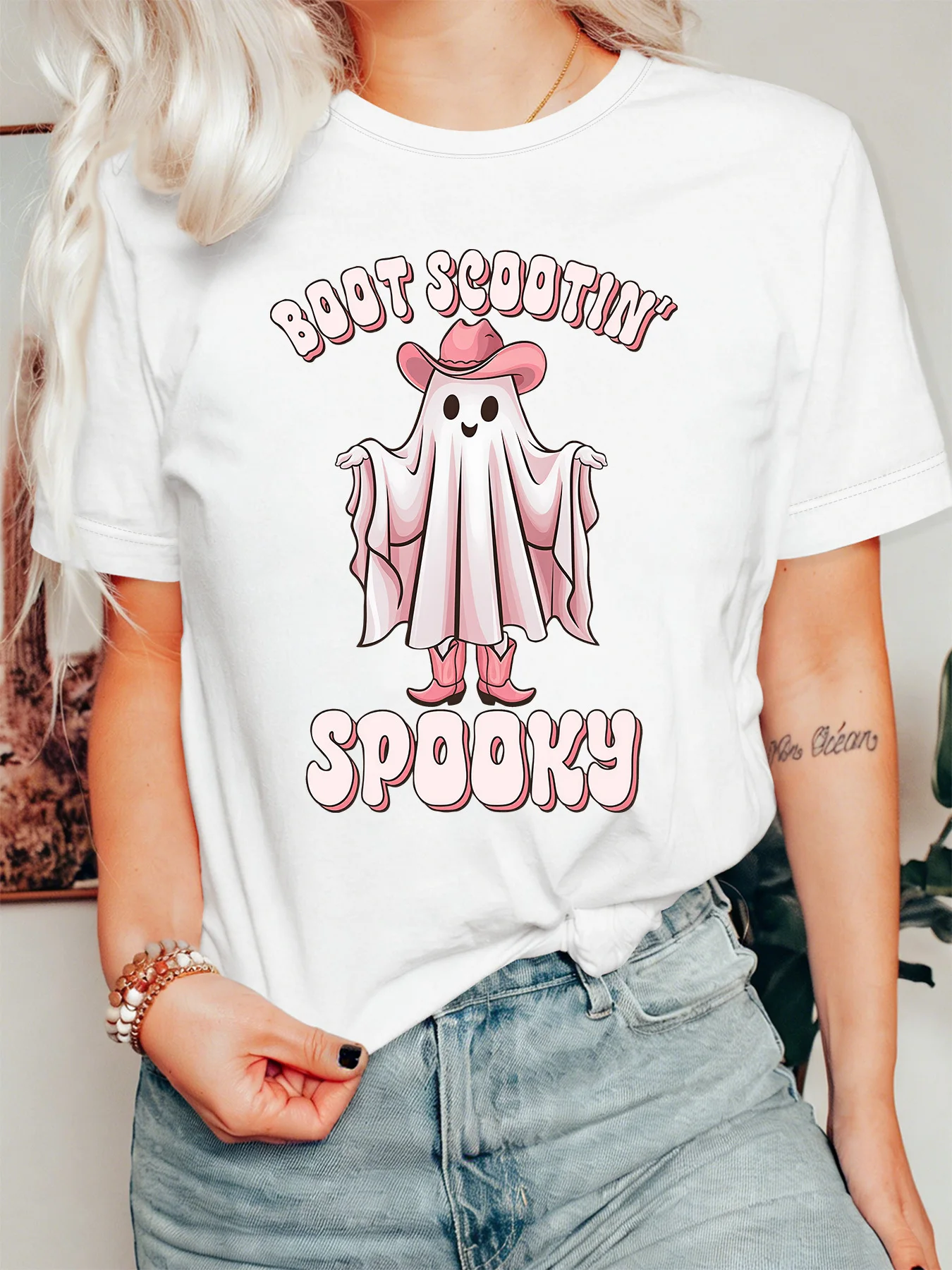 Halloween Cowboy Womens T Shirt Boot Scootin Spooky Cute Ghost Western Style Cartoon Graphic Short Sleeve O Neck Daily Wear Tops