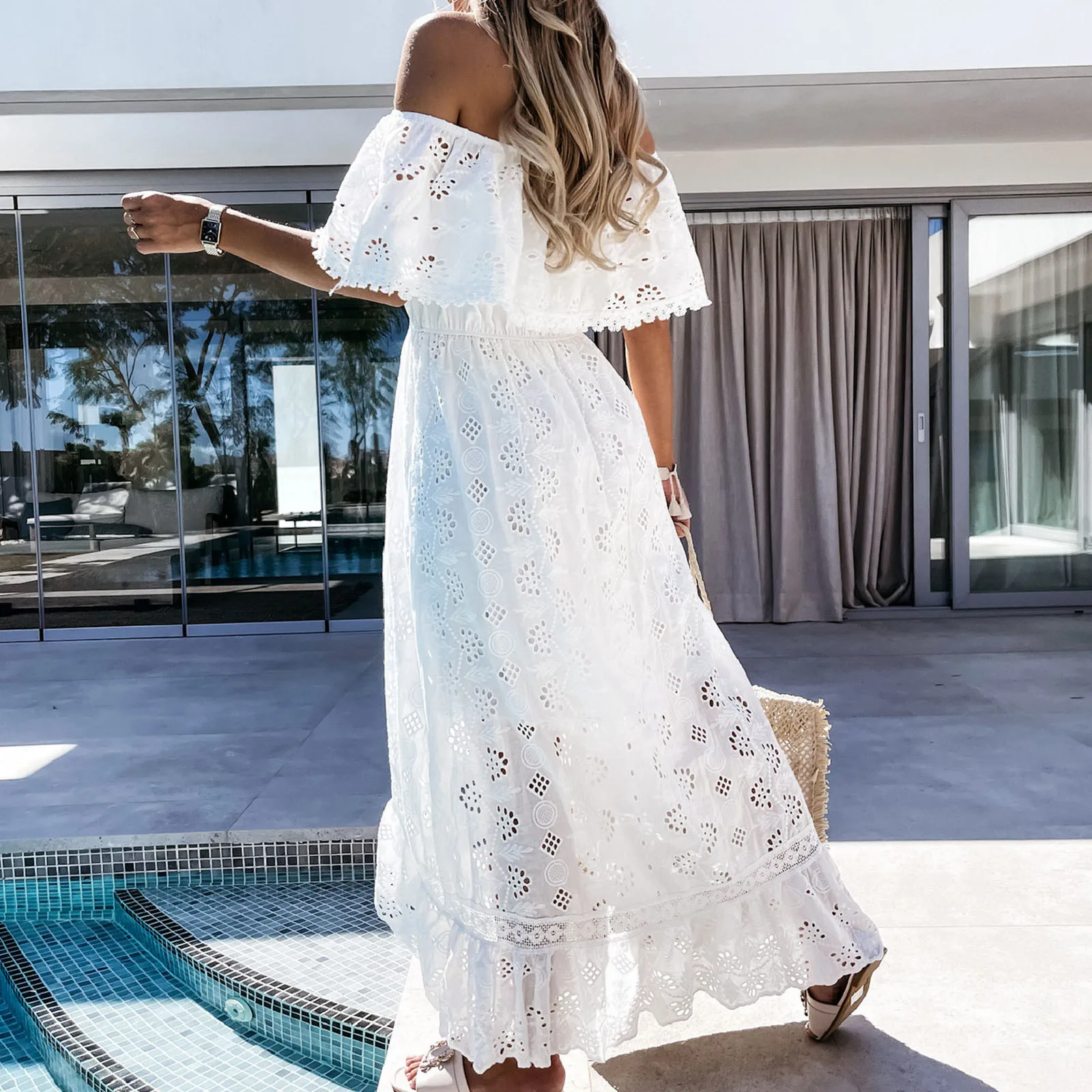 

Summer Strapless Ruffle Layered Maxi Women Casual Dress Cover Up Boho Chiffon Maxi Dresses Dres Party Night Holiday Vestidos