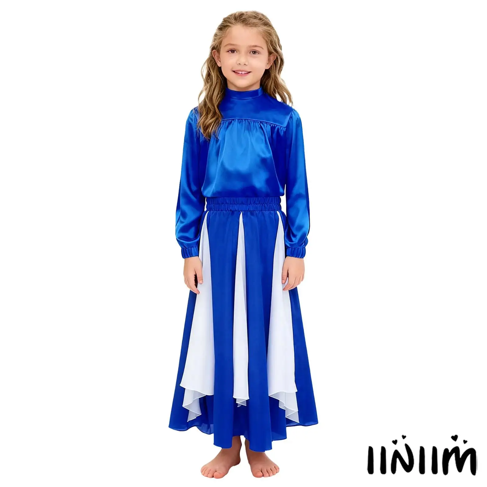 

Girls Church Liturgical Praise Dance Outfit Mock Neck Long Sleeve Satin Top+Color Block Wide Hemline Chiffon Panel Satin Skirt