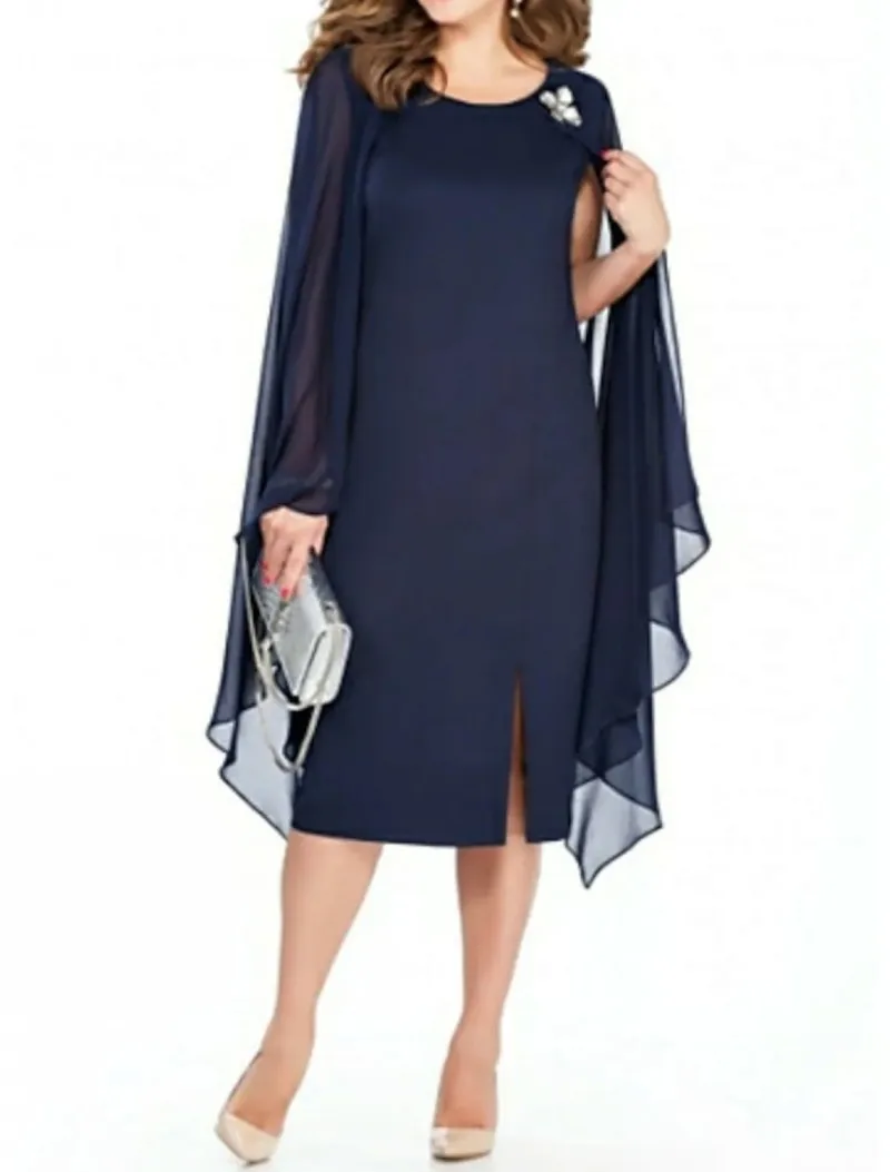 

Dark Navy Mother Of The Bride Dresses Plus Size Jewel Neck Tea Length Chiffon Cap Sleeves Wedding Ladies Party Gown