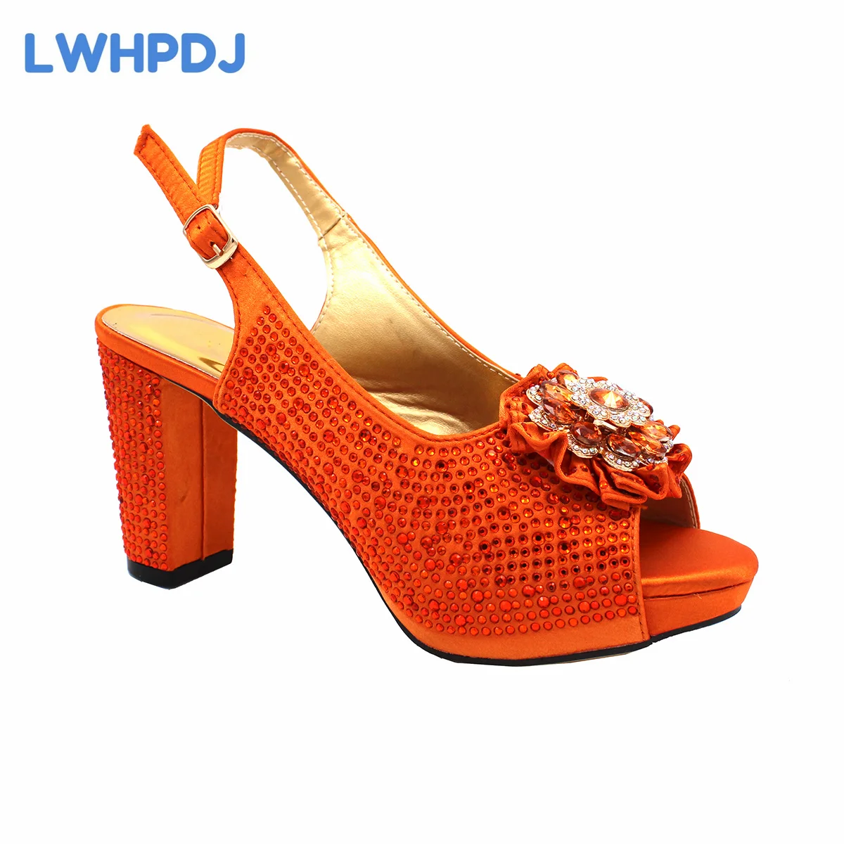 2024 High Quality Peep Toe Slingback Decorated with Flower Design Shoes Matching Bag Set in Orange Color For Ladies Party