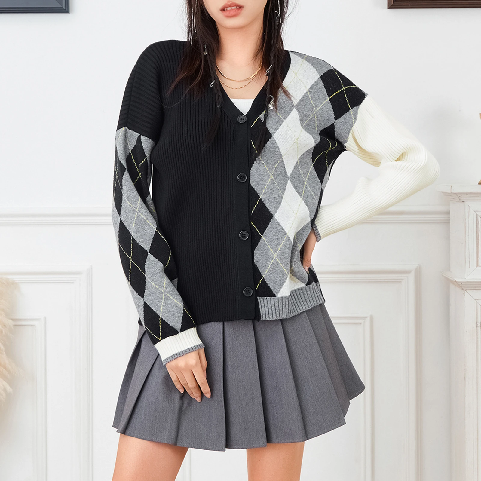 

Women Winter Cardigans Vintage Diamond Pattern Loose Fit Coat Long Sleeve V Neck Button Down Open Front Sweater