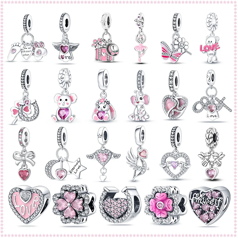 2024 New Hot Sterling Silver 100% Animal Butterfly Love Heart Pink Charm Suitable for Pandora Original Bracelet DIY Making