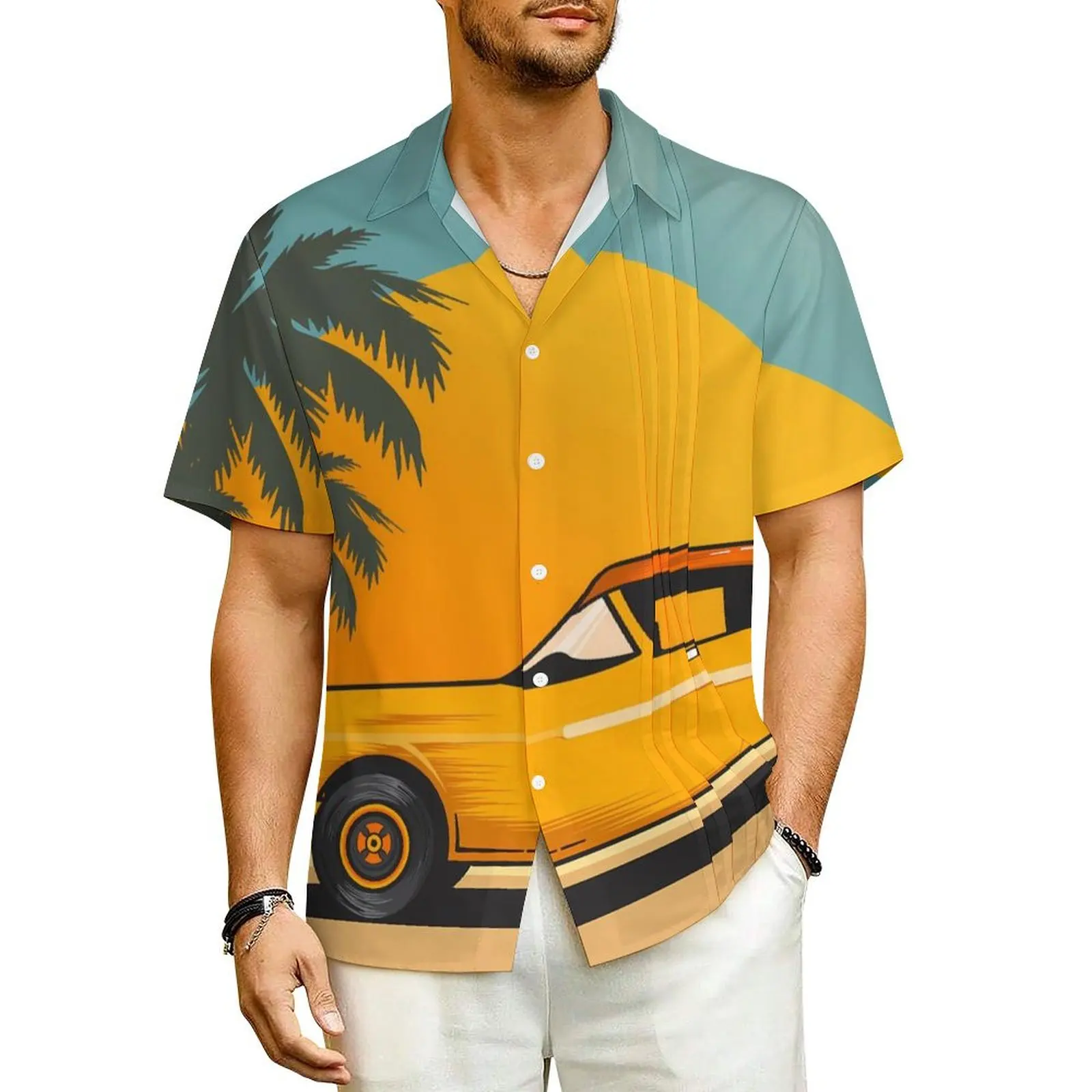 

Summer Shirt Beach Palms Tree With Car Blouses Sunset Vintage Casual Shirts Mens Short Sleeves Street Style Oversized Clothing