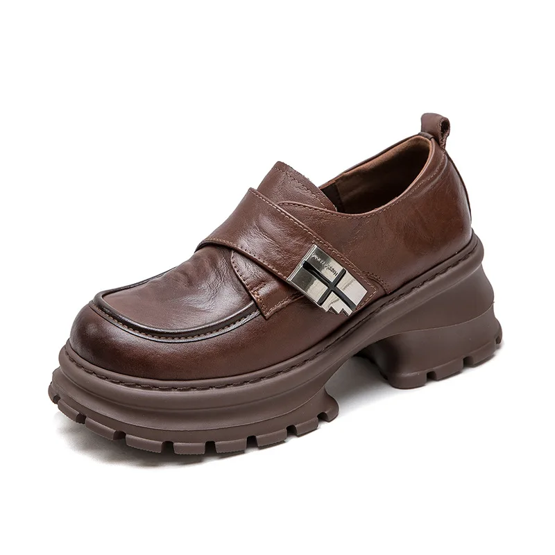 

Женская обувь ручной работы в стиле ретро, весна-осень 6 см, весна-осень 2021, женские металлические лоферы на толстом высоком каблуке, увеличивающие рост, с круглым носком