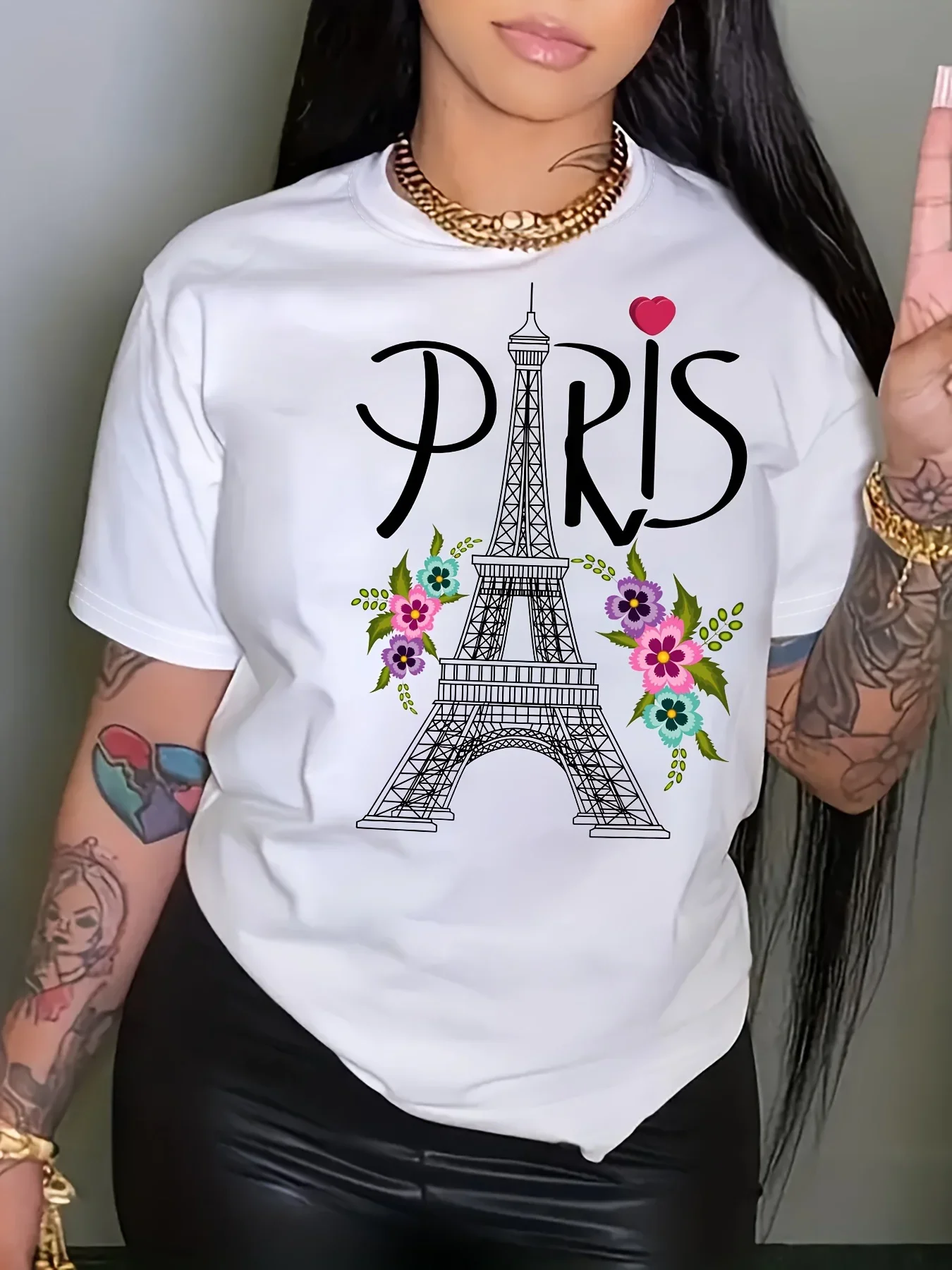 Camiseta informal con cuello redondo y estampado de la Torre Eiffel de París para verano y primavera, ropa estética para mujer