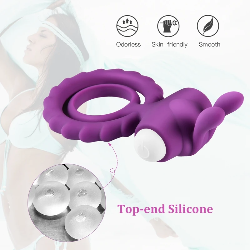 Penis Ring Delay Ejaculation Erection Durable Cock Rings Enhance Dual Vibrating Sex Toy for Men Couples Vibrator with Rabbit Ear