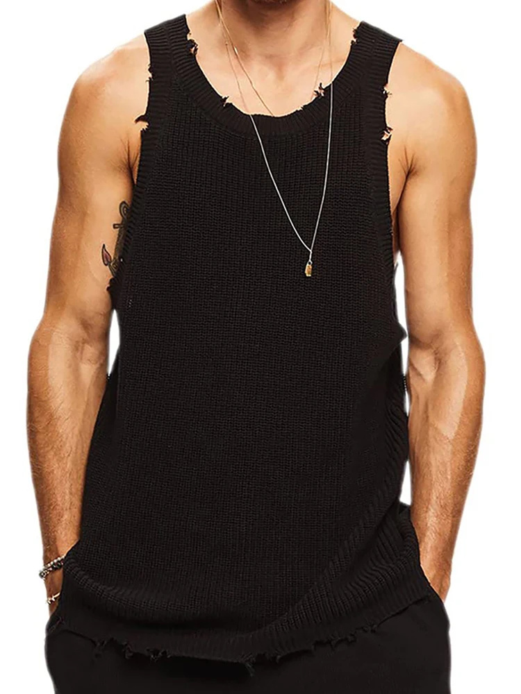 Hiphop O Halsbandjes Gescheurde Tanktops Heren Streetwear Mode Effen Kleur Slank Vest Heren 2024 Zomer Trendy Mouwloze Hemdjes