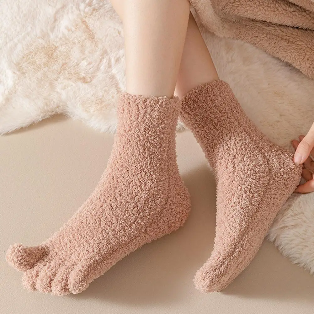 

1 Pair Coral Fleece Toe Socks Winter Thick Warm Five Finger Split-Toe Floor Socks Plush Sleep Socks