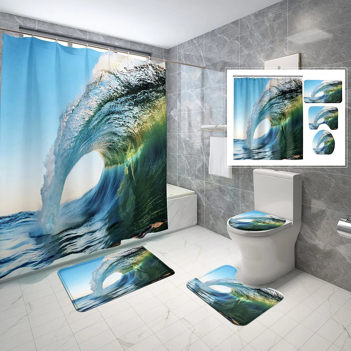 

Ocean Aesthetics Shower Curtain 4 Piece Set Modern Ocean Wave Shower Curtain with Hooks Non-Slip Bath Mat Toilet Lid Cover