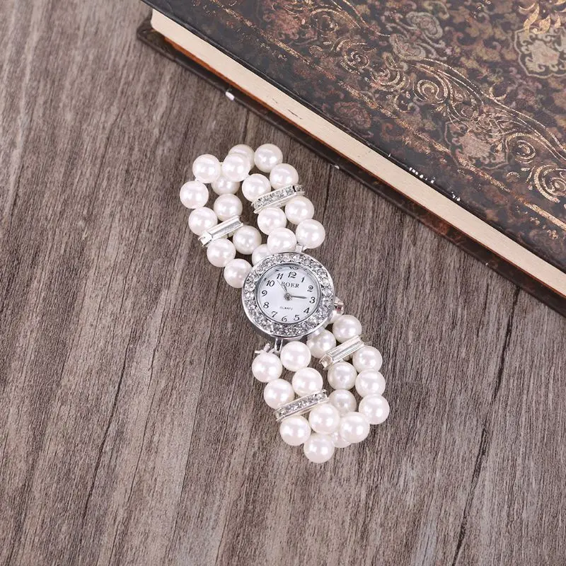 Women Watch Simulated Pearl Rhinestone Luxury Fashion Elegant Wrist Band Bracelet Jewelry Gifts Lady Elastic Charms