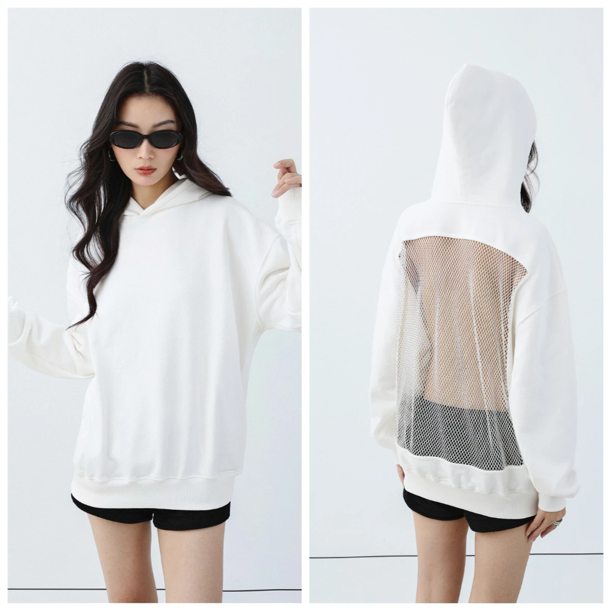 Nowa jesienno-zimowa damska bluza z kapturem w czarno-białym stylu, seksowna, z wycięciami, wyszczupla i podkreśla plecy.