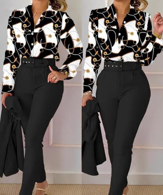 Women's Commuting Suits 2024 Summer Lautumn Atest Stand Collar Chain Print Colorblock Long Sleeve Shirt & High Waist Pants Set