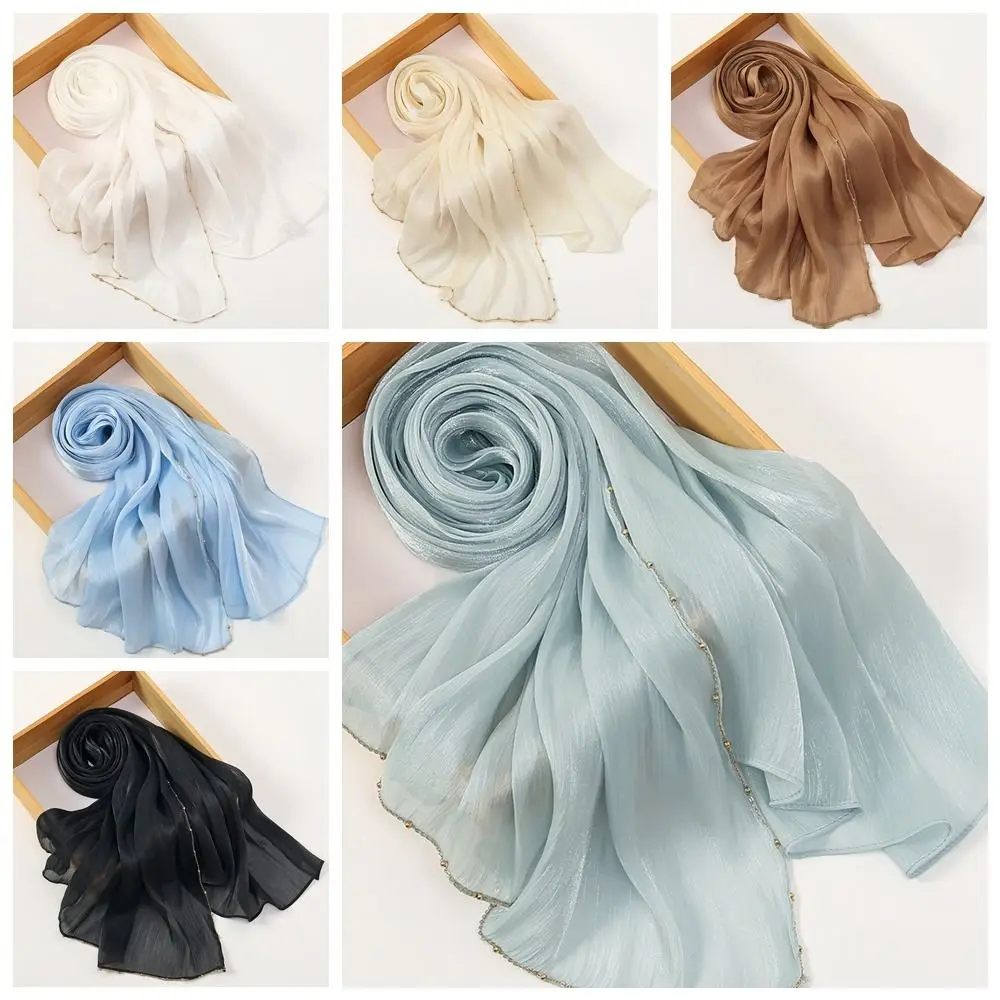 Fashion Beads Islamic Turban Chiffon Bandana Wraps Shawl Pashmina Wave Chain Decor Hijab Scarf Women