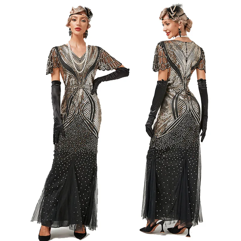 New Fitted Fishtail Dress 1920s Flapper Mesh Sequin V-neck Skirt Great Gatsby Party Costume Host Dress Vestido De Festa