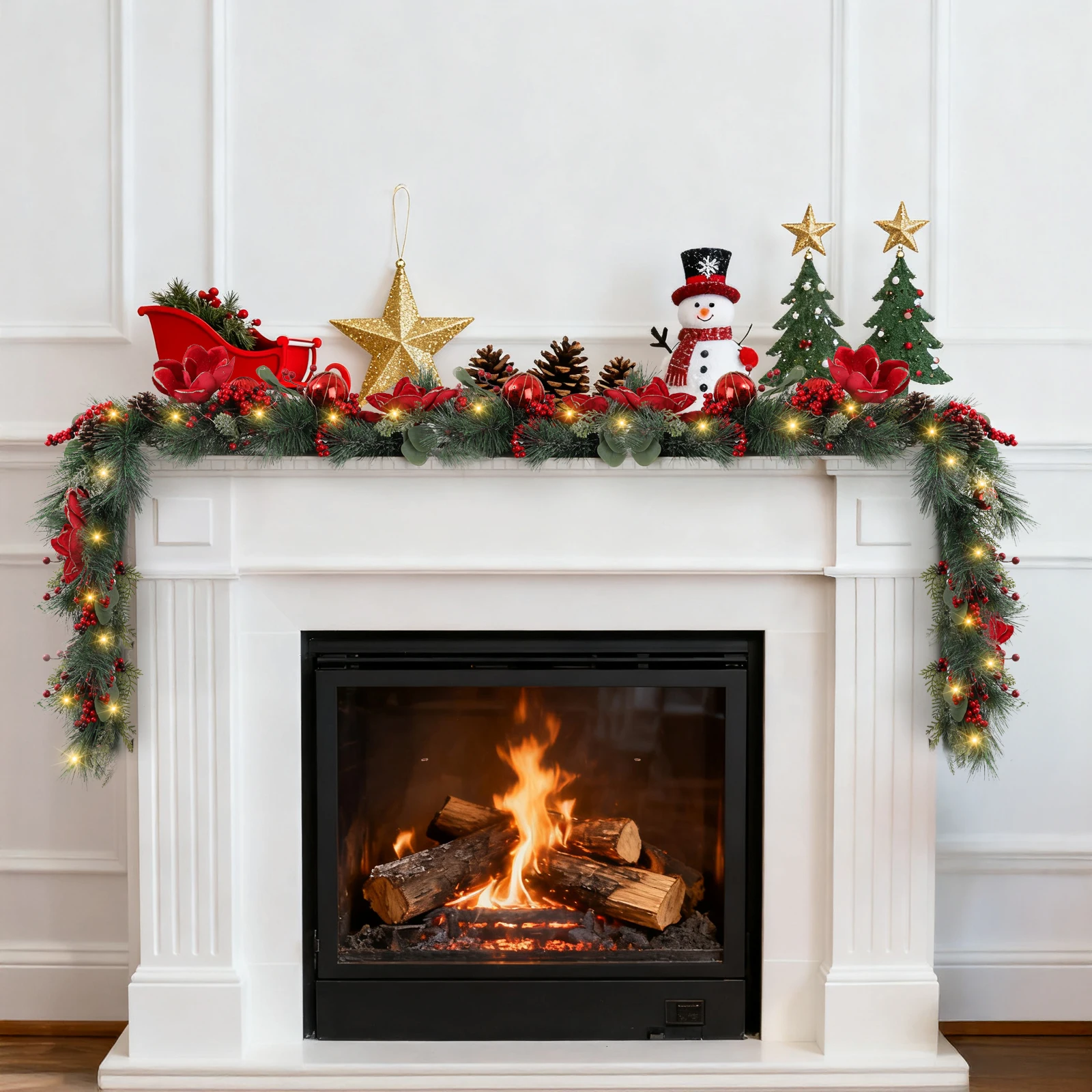 

Decorate Your Stairs & Mantle with Ease 9ft Battery-Operated LED Christmas Garland, Pre-Lit with Red Flowers and Pine Cones for