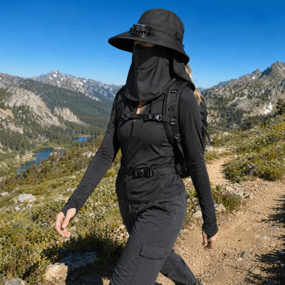 Full-Coverage Sun-proof Solar Fan Hat Breathable Wide-Brim Face Cover Bucket Hat Trendy with Shawl Outdoor Travel Hat