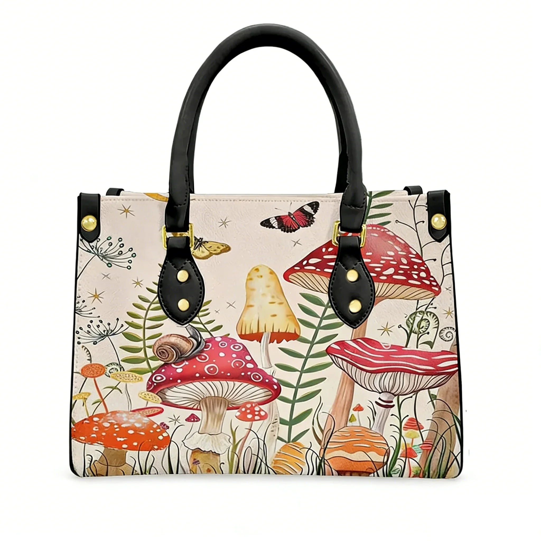 Cute Mushroom Print Tote Bag Purse Womens Mens Personalized Text Image PU Leather Handbag Business Shopping Gift Bags