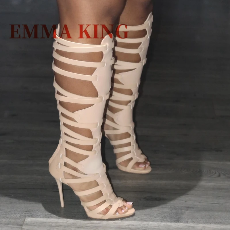 الصيف الرجعية المفتوحة تو صنادل طراز جلاديتور عالية الكعب مثير خنجر الجانب سستة أحذية الحفلات موضة فستان أنيق الصنادل للنساء