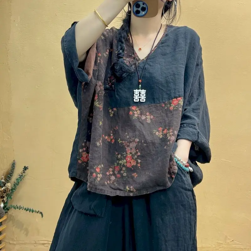Cotton Linen T Shirts Women Fashion Printed Contrasting Lace Up Shirt Artistic Irregular Vintage Oversized Tops Summer Trend Top