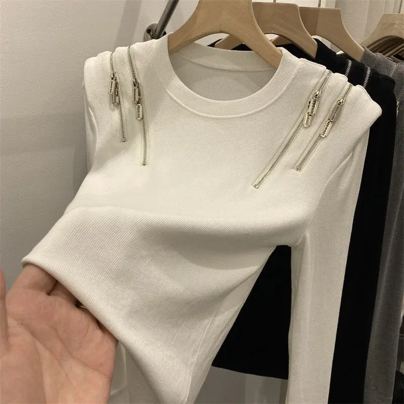 Shoulder Padded Long Sleeved T-shirt For Women European Fashion Zipper Chic Top Spring Autumn Simple High Street Female Tees