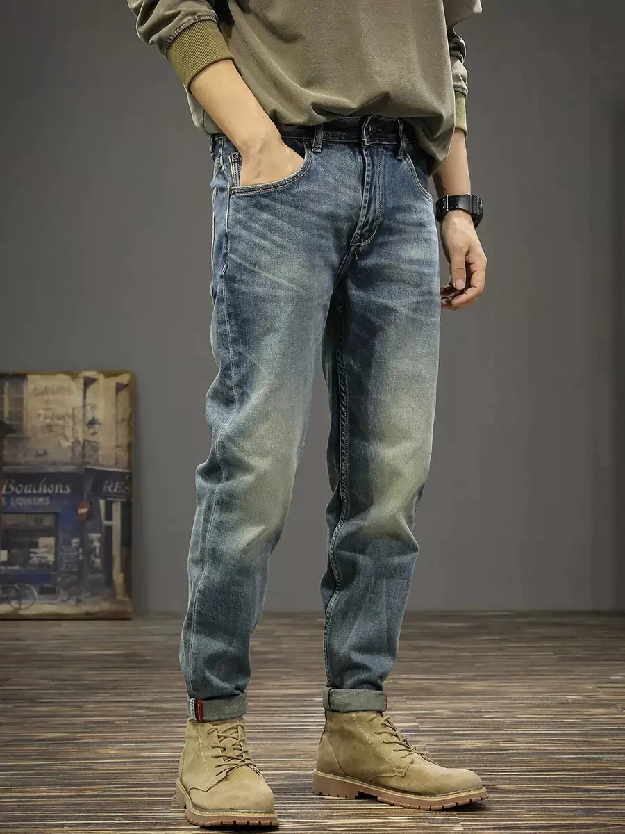 Newly Vintage Fashion Men Jeans High Quality Retro Blue Elastic Slim Fit Ripped Jeans Men Trousers Casual Designer Pants Hombre