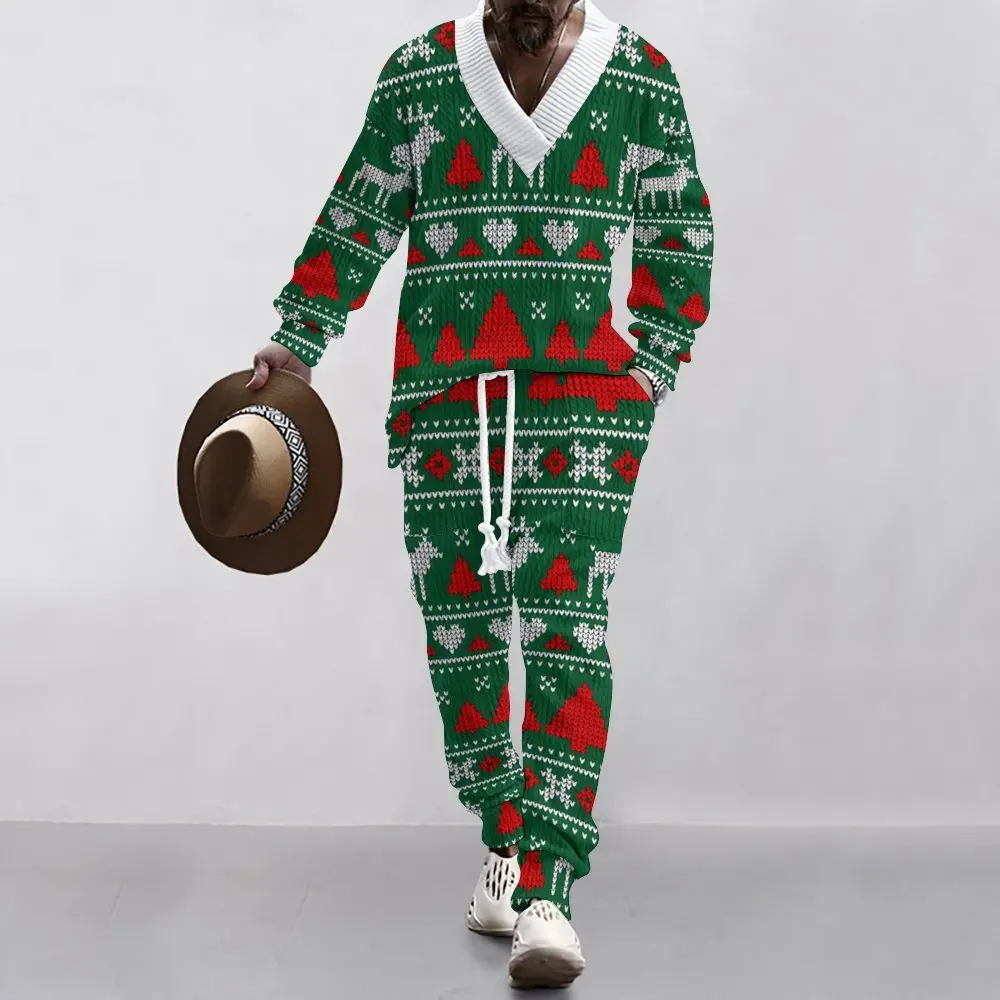 

2025 New Christmas Men's Home Casual Sports Pants V-Neck Knitwear Men's Autumn Suit Jogger