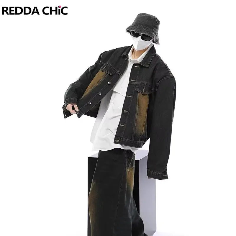 

REDDACHIC Мужская джинсовая куртка 90-х годов Skater в стиле гранж Y2k, синее пальто-бомбер с длинными рукавами, ветровка, верхняя одежда, уличная одежда в стиле эмо