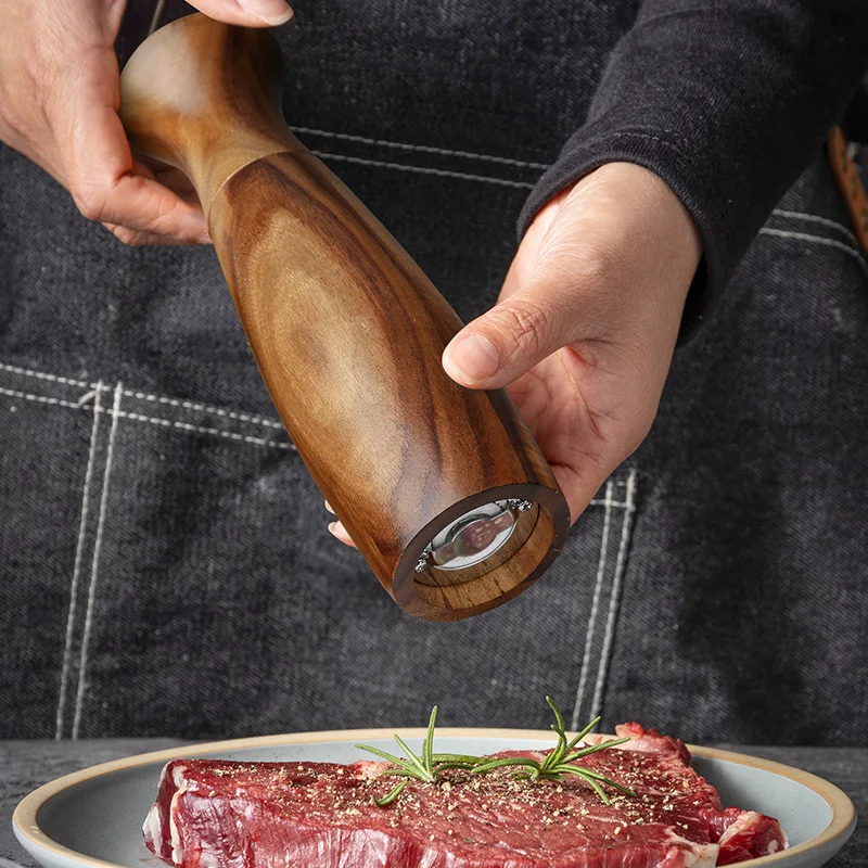 1PC-Manual Solid Wood Pepper Grinder, Western Steak Seasoning Pepper Mill, Acacia Wood Sea Salt and Pepper Grinder