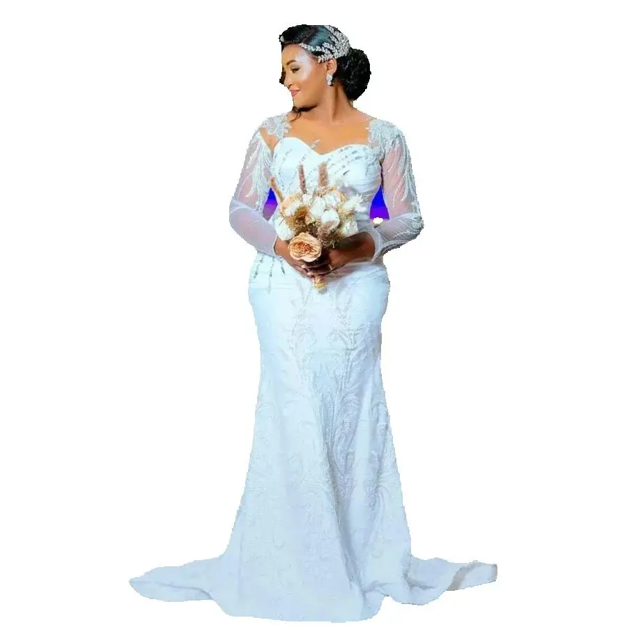 Maßgeschneidertes Hochzeitskleid mit quadratischem Ausschnitt und glänzenden Kristallperlen, Sweep-Zug, Vestidos, Spitzenapplikationen, Meerjungfrau, lange Ärmel, Brautkleider
