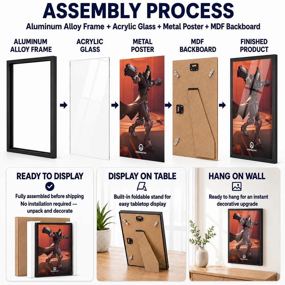 Overwatch Framed Metal Poster Personalized Photo Colorful Digital Adventure Style Wall Art For Entertainment Room Player Gift