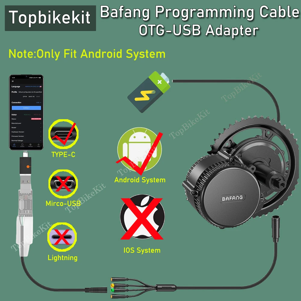 For BBS01/BBS02/BBS03/BBSHD Mid Drive USB Programmed Cable Wire Bafang Central Motor USB Programming with OTG Adapter