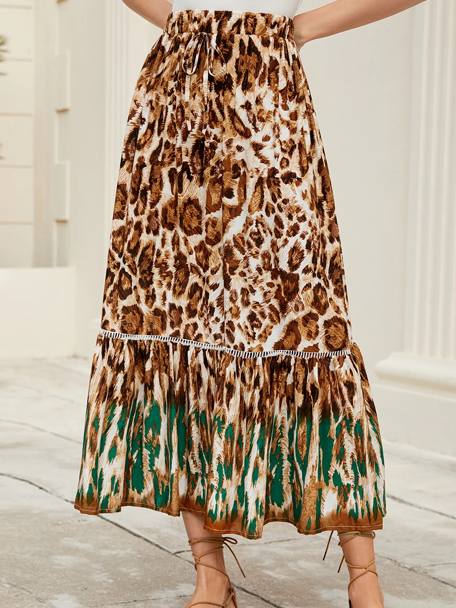 Bohemian Vacation Cotton Leopard Print Half Skirt A-Line Silhouette Lightweight Sweet Style Beach Sand Beach Holiday Skirt