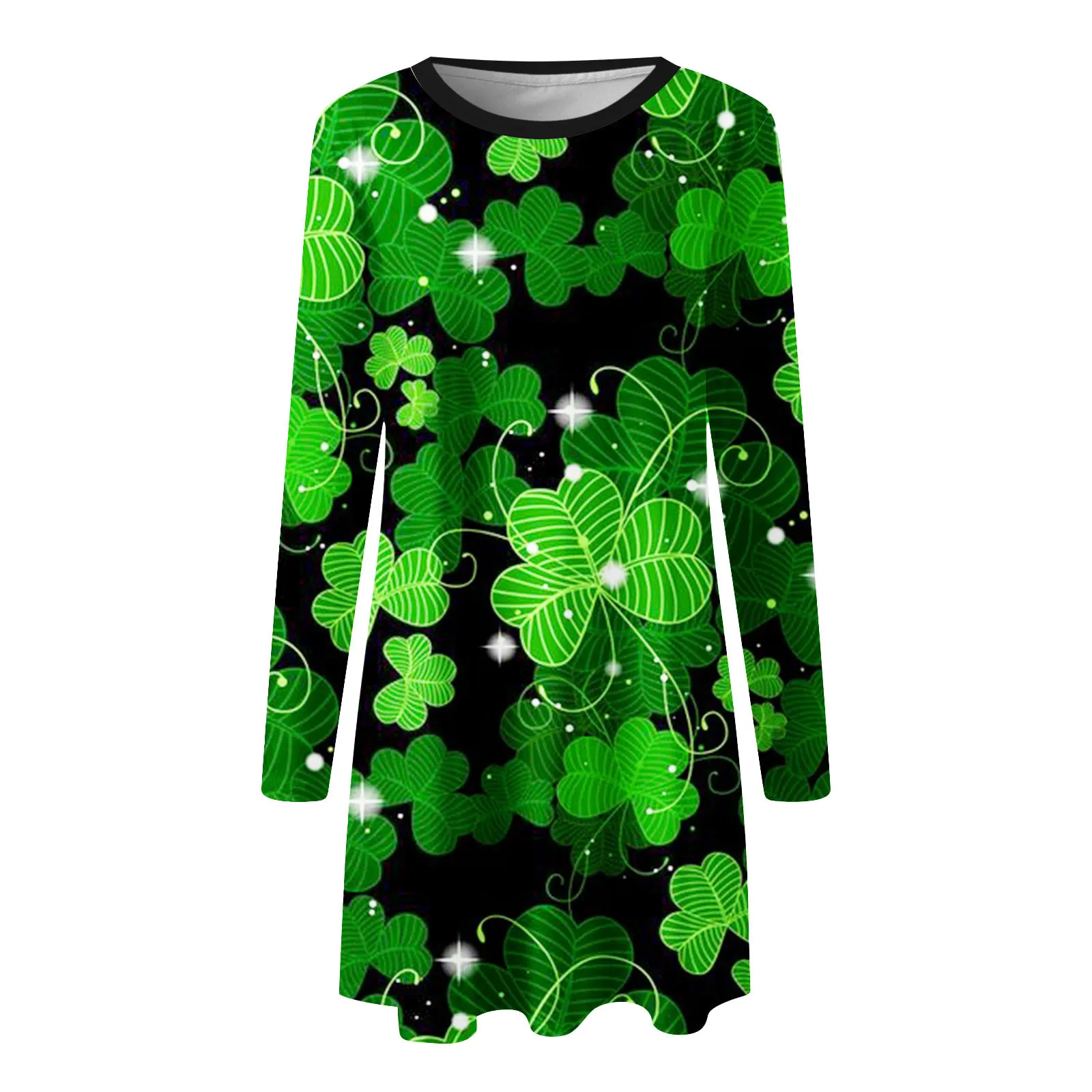 St. Patrick's Day ผู้หญิงชุดลําลองแฟชั่นแขนยาวรอบคอเสื้อยืดชุด Elegant Green Clovers Mini Vestidos