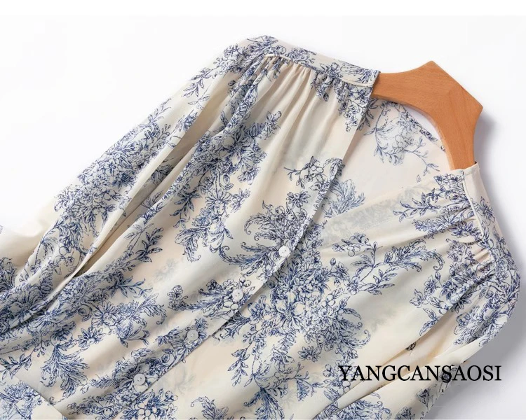 InjCrepe De Chine-Chemise droite à manches longues et col en V pour femmes, Porcelaine bleue et blanche, 2024 naturel, Mûrier, Mode féminine,