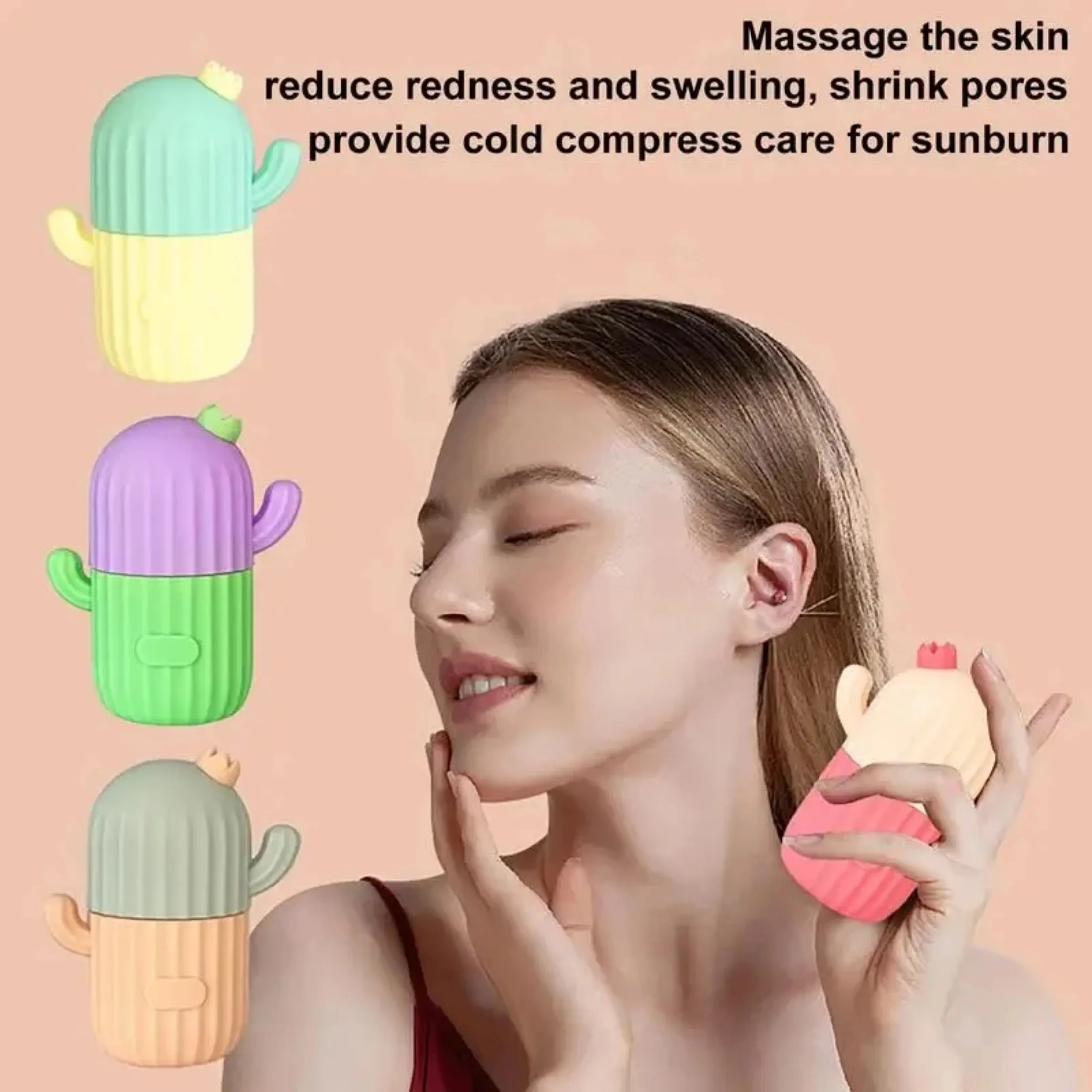 Rolo de gelo em forma de cacto para rosto, massageador facial de gelo reutilizável para mulheres e meninas, elimina o inchaço facial na manhã, fácil de usar