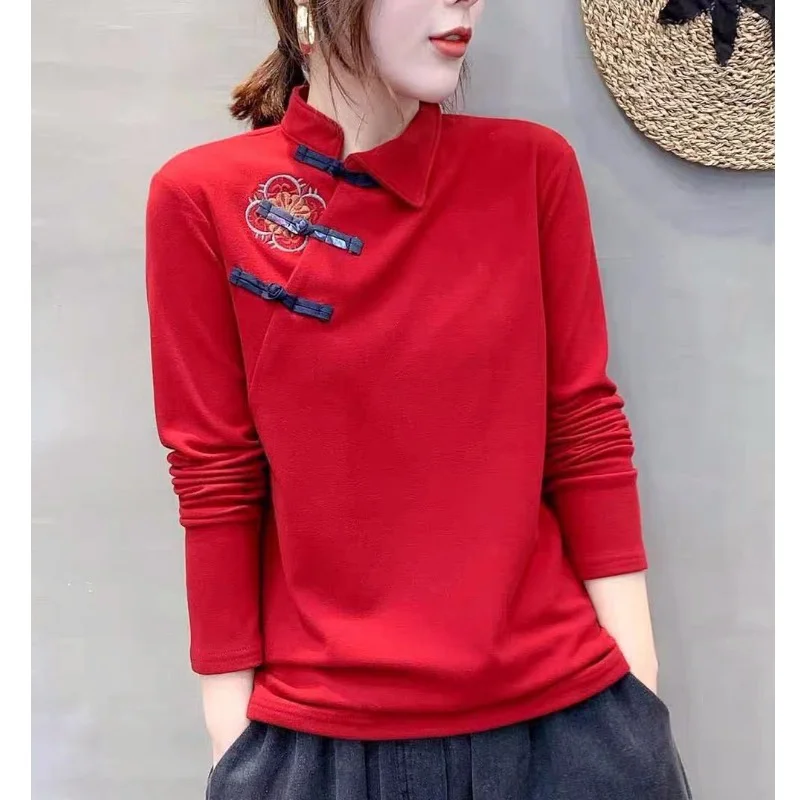 

2023 Autumn and Winter Women's Stand Neck Solid Color Patchwork Button Thick Loose Embroided Long Sleeved Pullover Bottom Tops