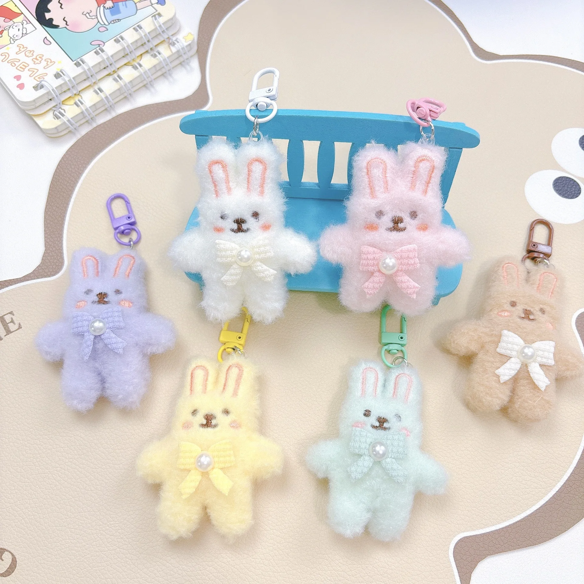 Bowknot 3D Rabbit Plush Keychain, Cute Fluffy Bunny Keyring for Girls, Soft Stuffed Car Key Ring, Backpack Bag Pendant Gift