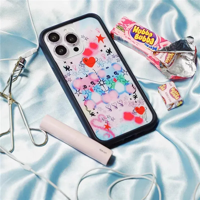 Wildflower 3D Art Painting Color Cartoon Cotton Candy Bear Hard Bumper Phone For iPhone 15 14 13 16 Pro Max WF Metal Label Cover