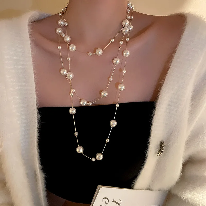 

Beaded Necklace Elegant Women Lady Long White Sweater Created Pearl Necklace Artificial Long Pearl Necklace Faux Pearl Vintage