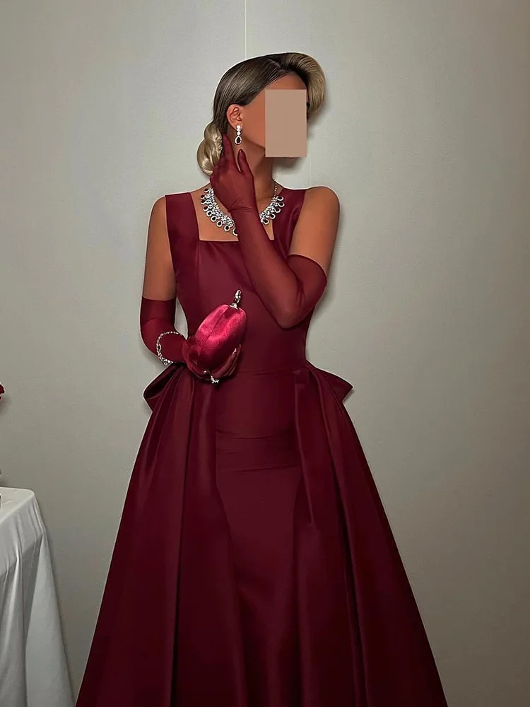 Adeli Sexy Burgundy A-Line Prom Dress Women's Saudi Square Neck Bow Party Evening Gown Floor Length Special Occasion Dresses image 6