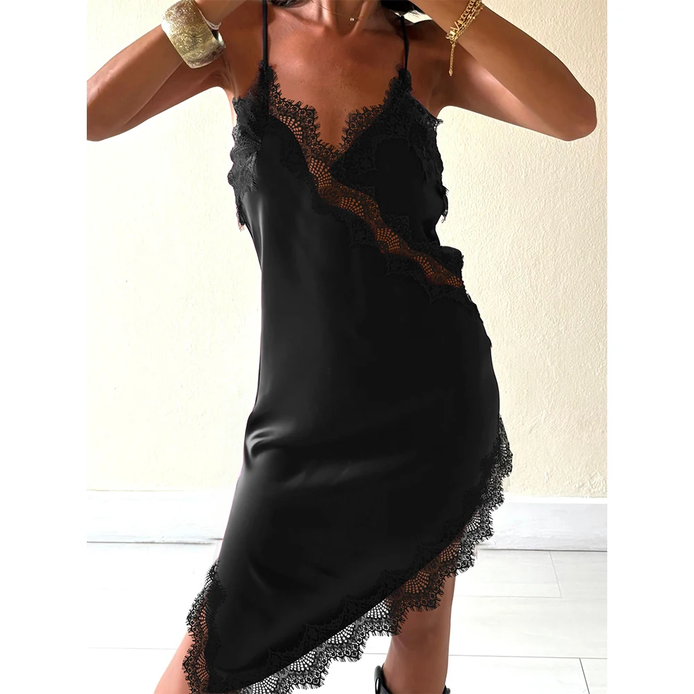 فساتين نسائية y2k مثيرة من الدانتيل الساتان الربط السباغيتي كامي صيفية بدون أكمام غير متناظرة للخروج فساتين حفلات الشاطئ #3