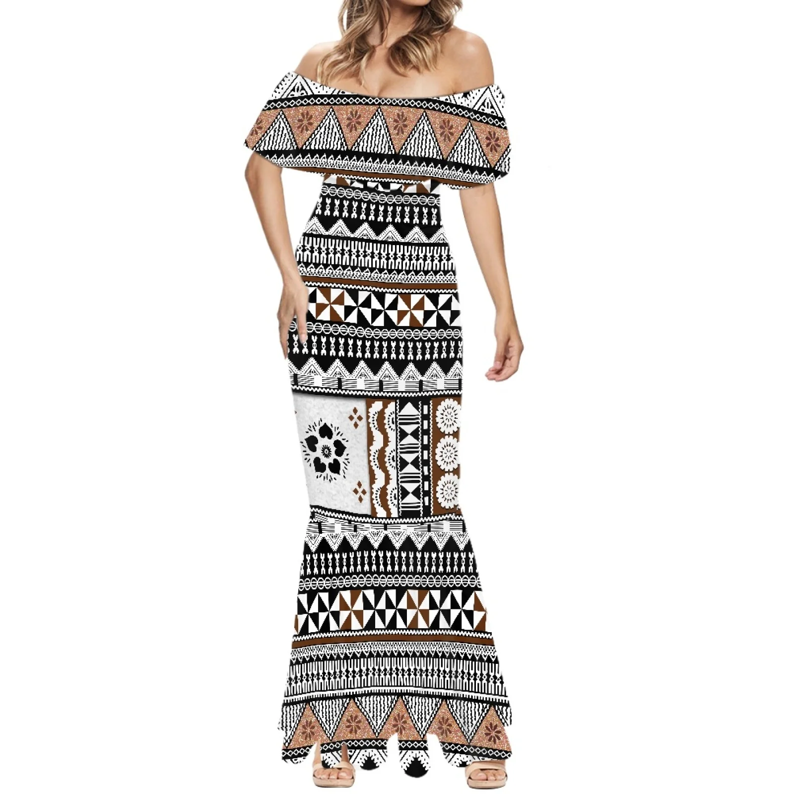 Imagem -02 - Vestido Longo Castanho Bodycon Feminino Robe Tonganês Samoano Tapa Estampa de Flores Vestidos de Cocktail Personalizados Elegante Tribal Castanho 2024