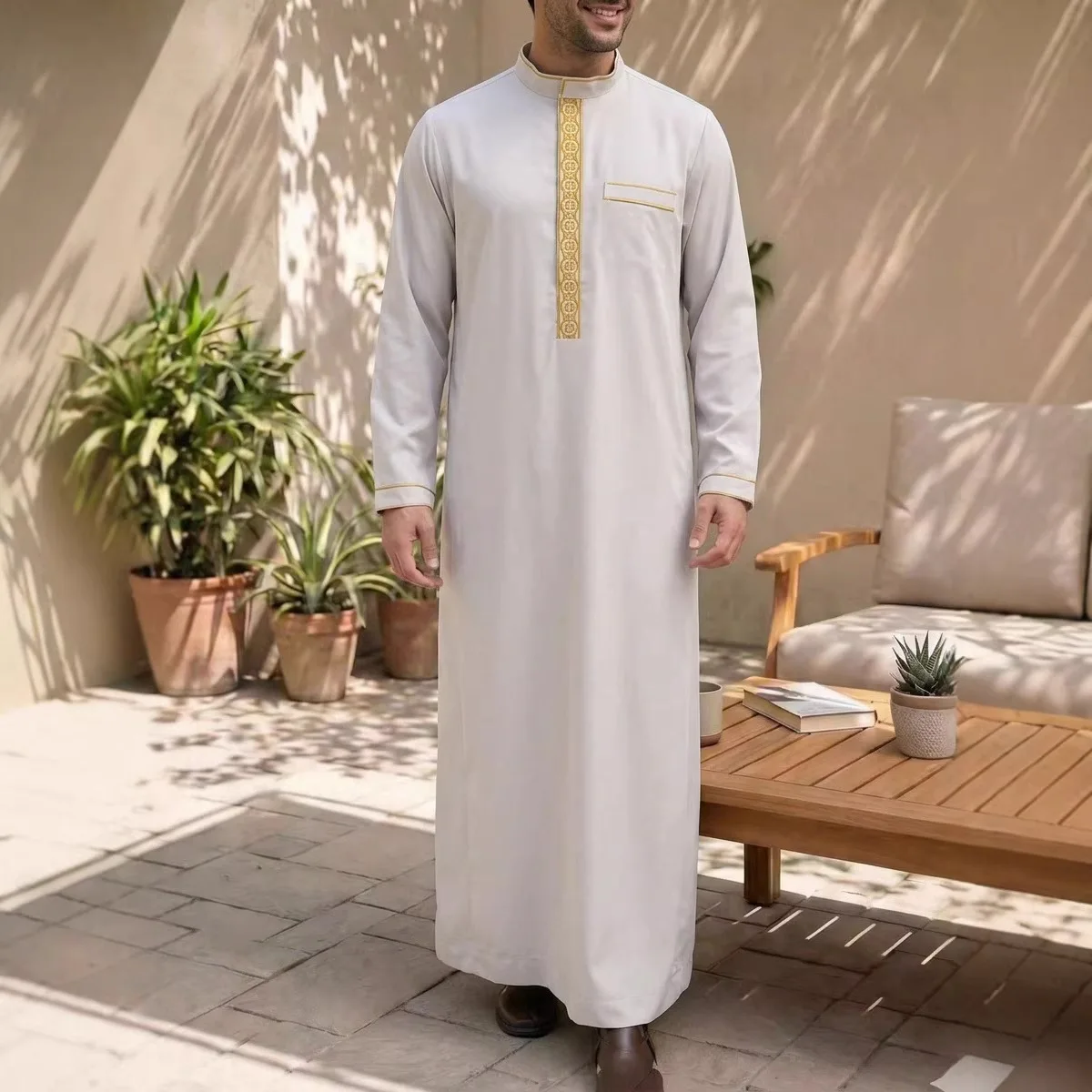 

Loose-fitting Stand-collar New Men's Clothing With Long Sleeves And Embroidered Stand Collar Ramadan Dubai Luxury Islam Elegant