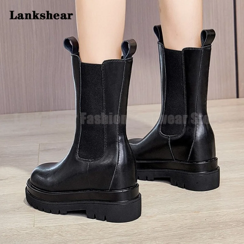 Thick-Soled Mid-Tube Leather Boots Women's Inner Increase Side Zipper English Style Shoes Plus Velvet Chelsea Short Boots New