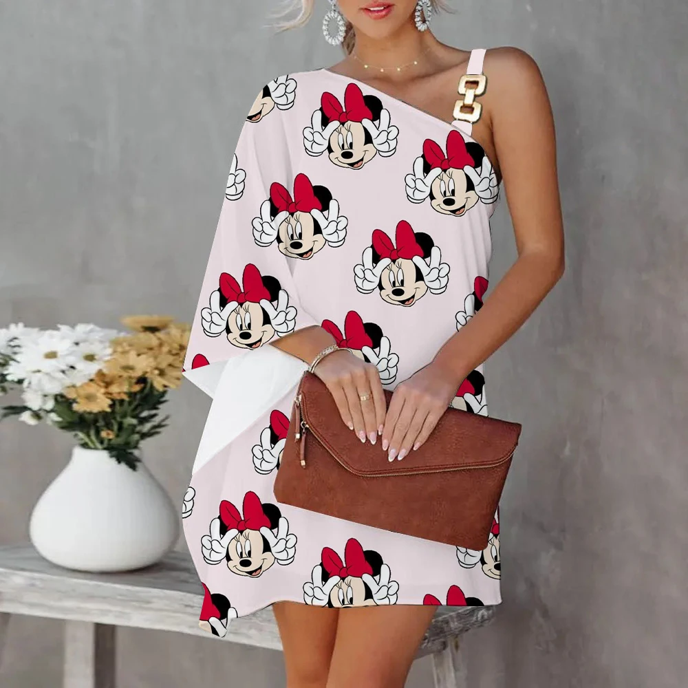 

Mini Dress Mickey Diagonal Collar Elegant Dresses for Women Disney Summer Dresses Woman 2022 Offer Minnie Mouse One-Shoulder 3XL