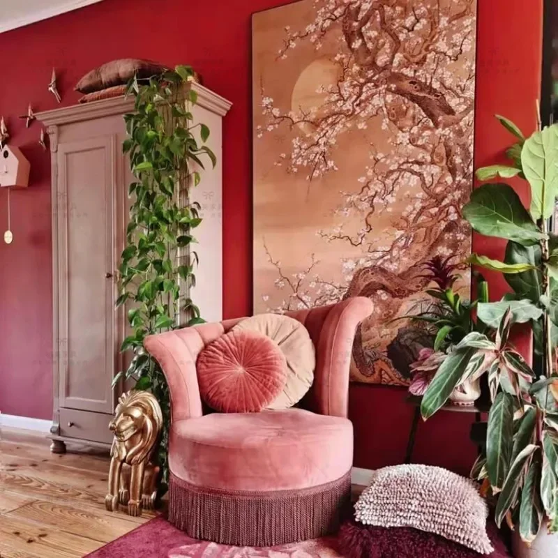 

Lotus Pink Vintage Tassel Velvet Single Sofa Balcony Dark Green Couch