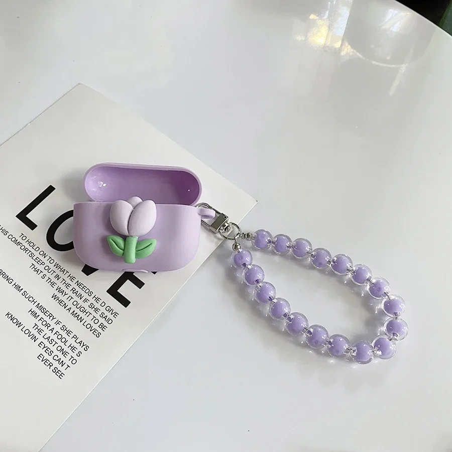 Чехол для OPPO Enco Buds 2 Pro с милым цветком тюльпанов, силиконовый чехол для наушников для OPPO Enco Buds 2 Pro, чехол с ремешком для ключей