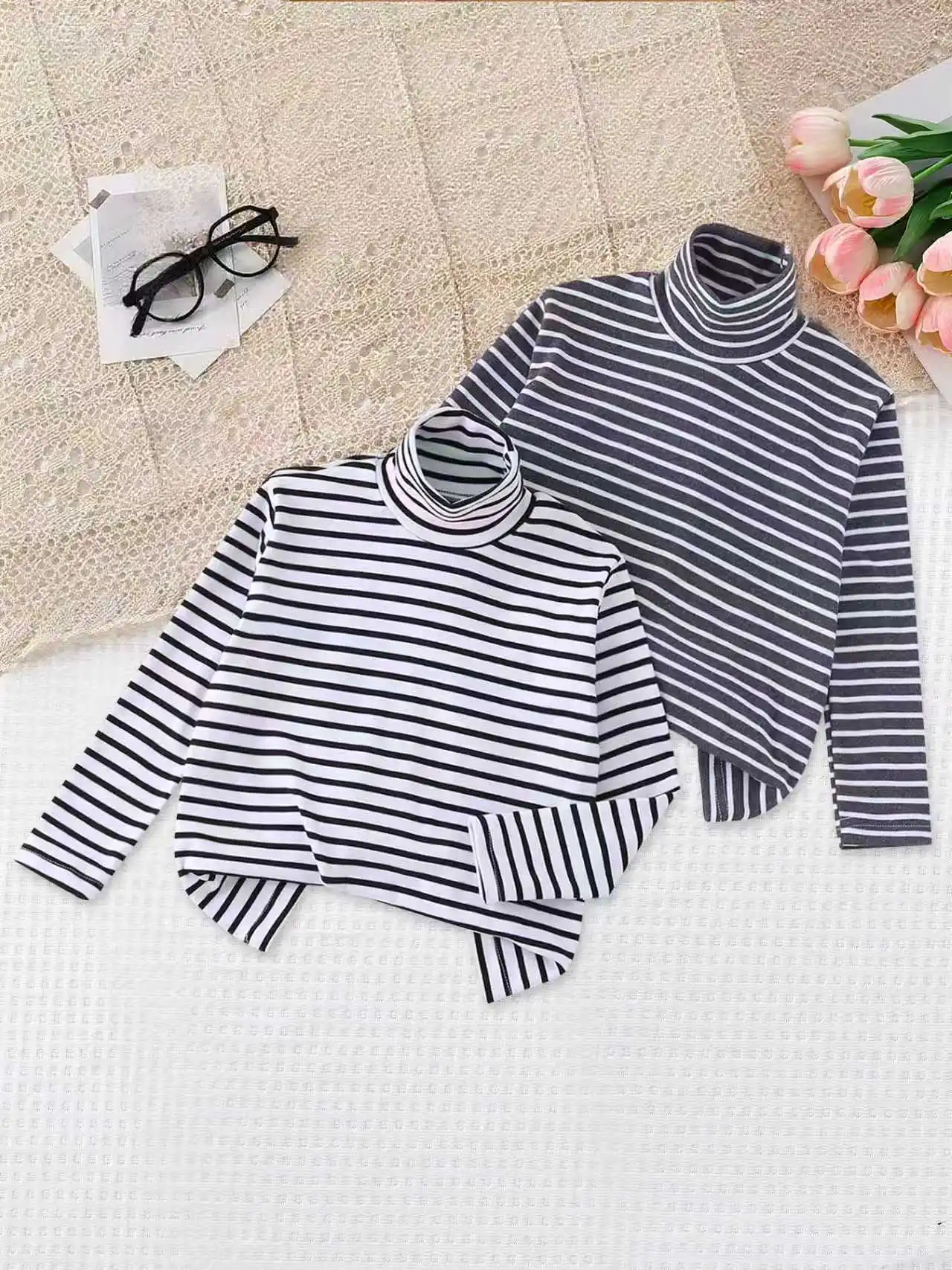 2-Piece Set Of Children's Autumn/Winter Warm Shirt With Striped Print High Neck Fashionable Comfortable Sweat Absorbing Casual